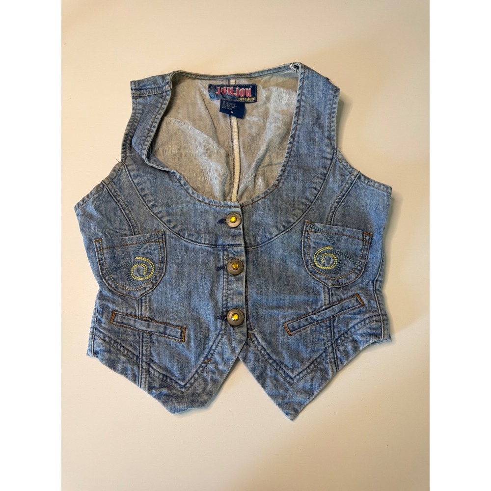 JouJou Premium Womens Medium Wash Denim Vest Cropped Embroidered Y2K Size M